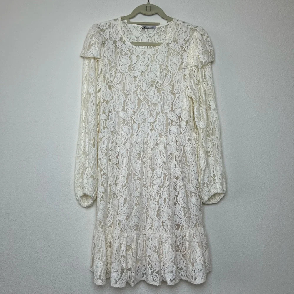 Zara Ivory Floral Lace Mini Dress Balloon Sleeve Ruffle Boho Wedding Guest M - Picture 7 of 16